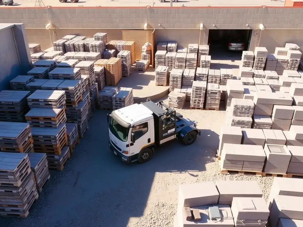 Pátio com estoque de pavers e pré-moldados e caminhão em carregamento